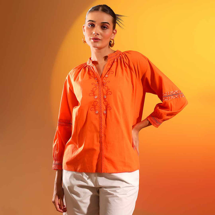 Saint Justine Womens Orange Solid Cotton Poplin Shirt