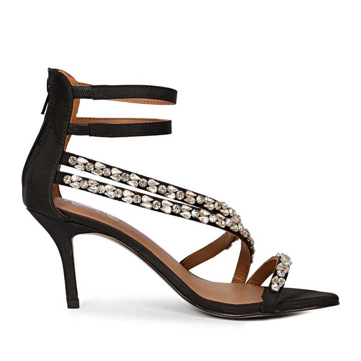 Saint Vittoria Silver Stone Strappy Black Leather Stilettos