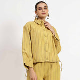 Saint Macy Womens Yellow Solid Cotton Yarn Dyed Slub Shirt Trouser Set