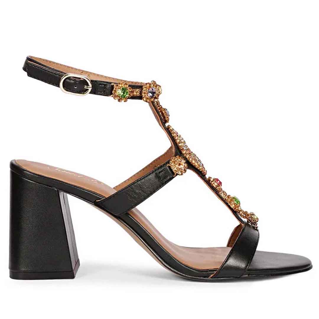 Saint Elettra Multi Stone Embellished Black Leather Block Heels