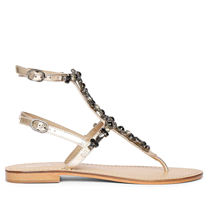 Saint Zuri Black Stone Embellished Platin Leather Flat Sandals