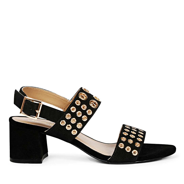 Saint Albina Eyelet Embellished Black Leather Block Heels