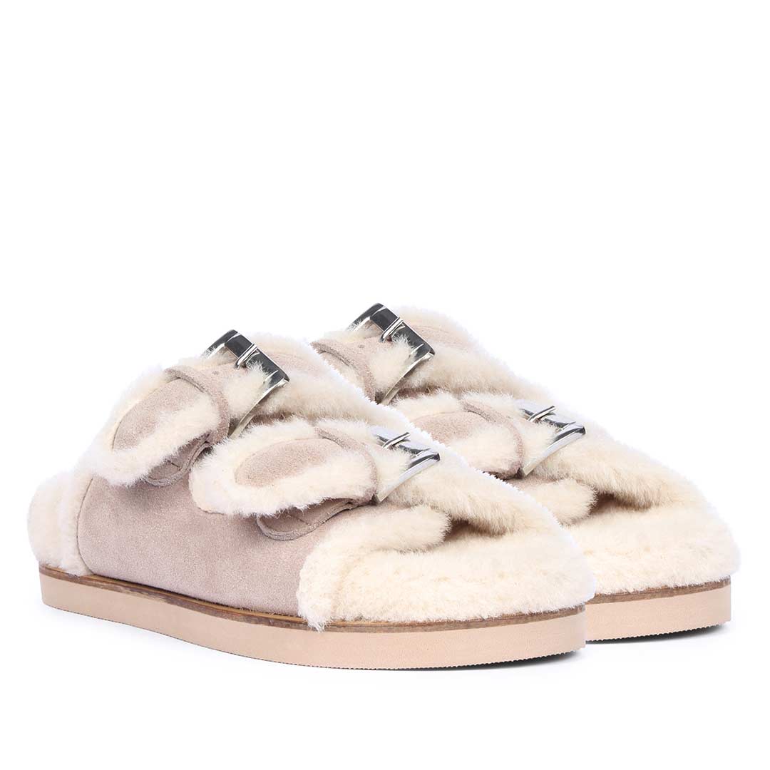 Saint Cosima Fur Taupe Suede Leather Snug Flats