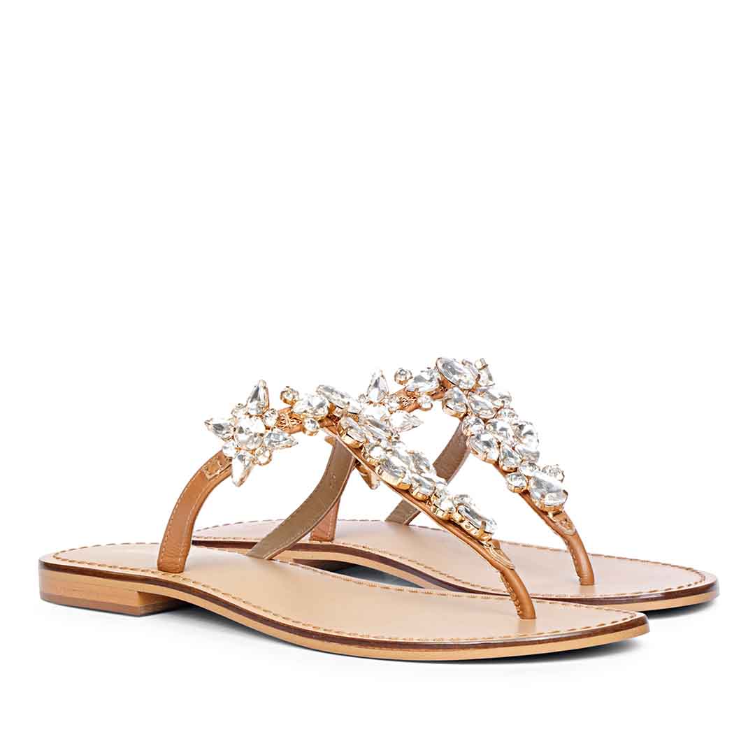 Saint Fleur Multi Stone Embellished Tan Leather Flats