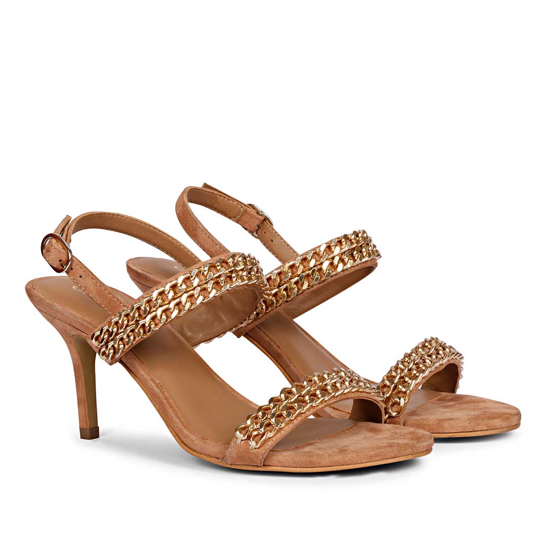 Saint Valeria Gold Chain sand Suede Leather Stilettos