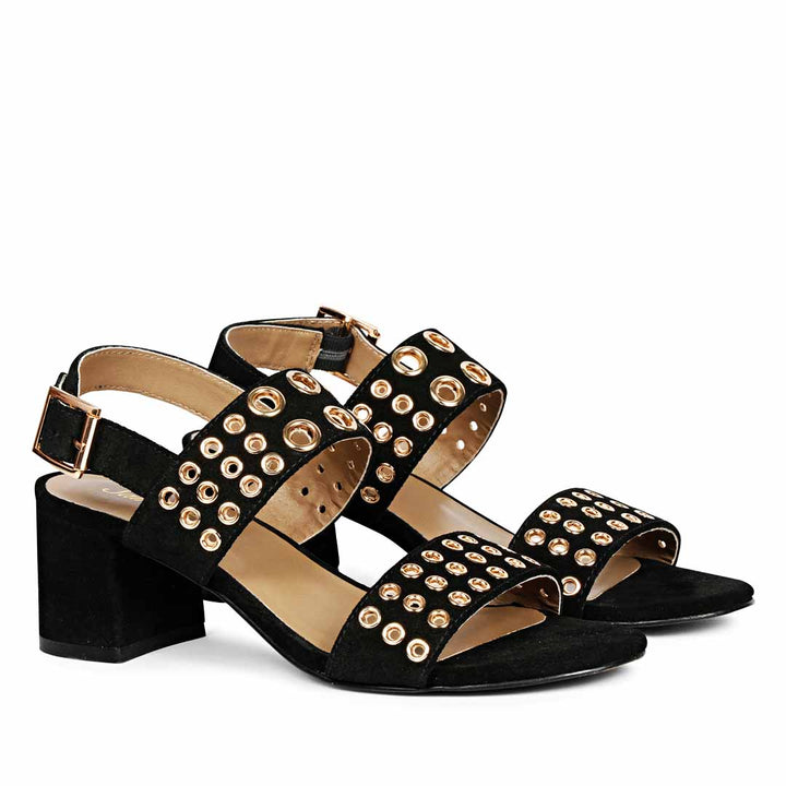 Saint Albina Eyelet Embellished Black Leather Block Heels