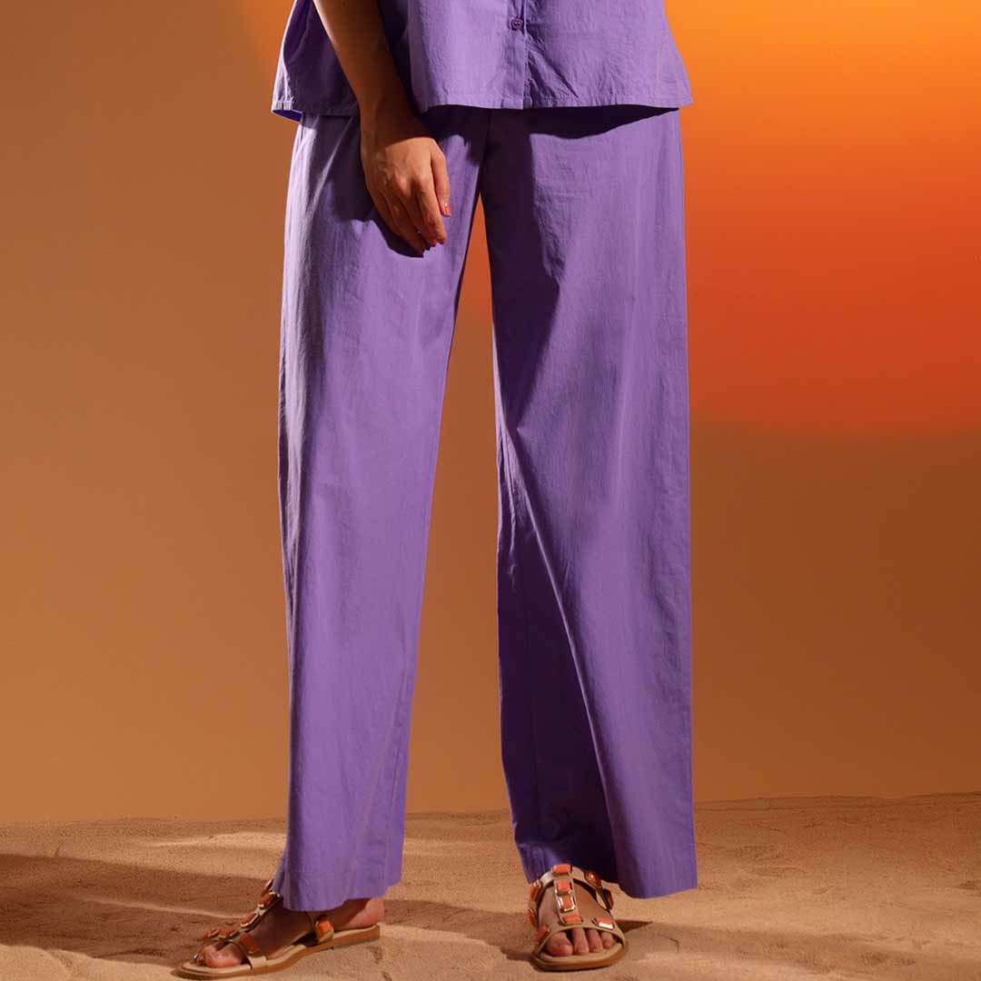 Saint Mathilde Womens Purple Solid Cotton Poplin Trouser