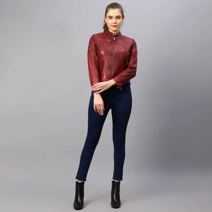 Saint Edwina Burgundy Leather Women Cafe Racer Jackets