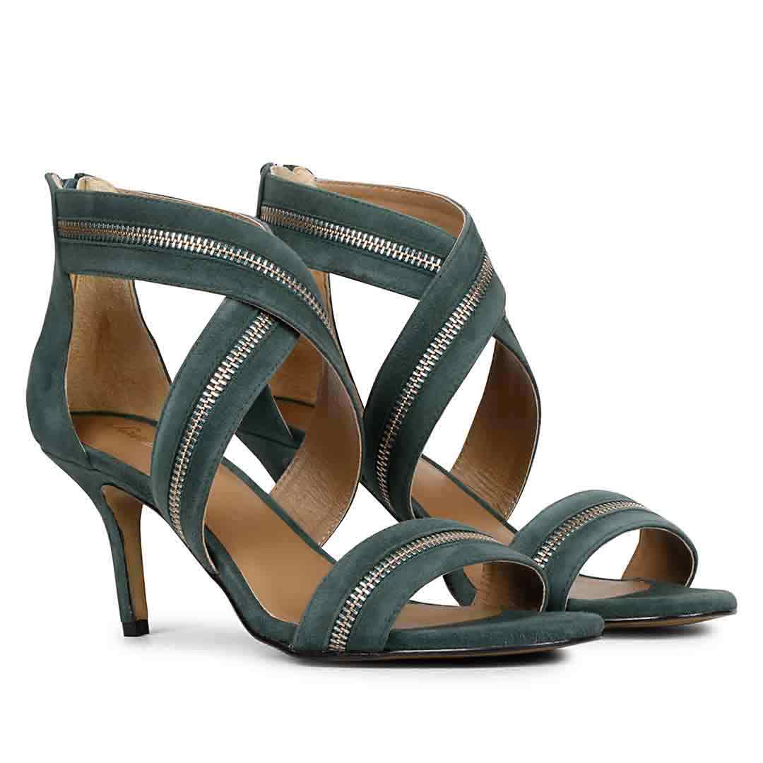 Saint Delilah Zip Decor Criss Cross Dark Teal Leather Stilettos