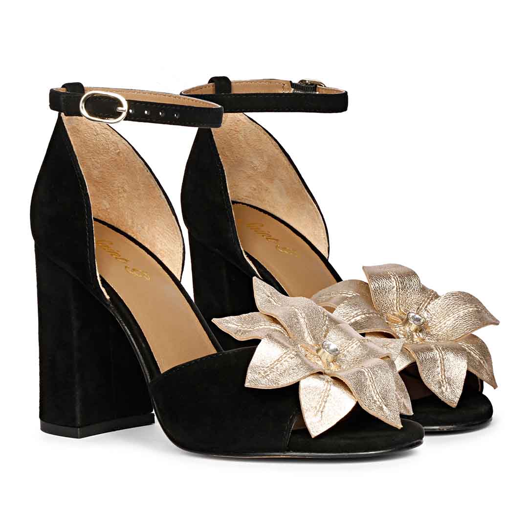 SaintG Saint Lilly Gold Flower Embellished Black Leather Block Heel 41 / Black SaintG Saint Lilly Gold Flower Embellished Black Leather Block Heel 41 / Black