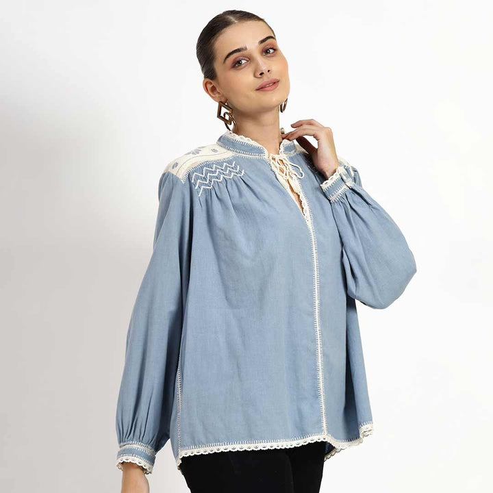 Saint Lilyana Womens Blue Cotton Slub Shirt