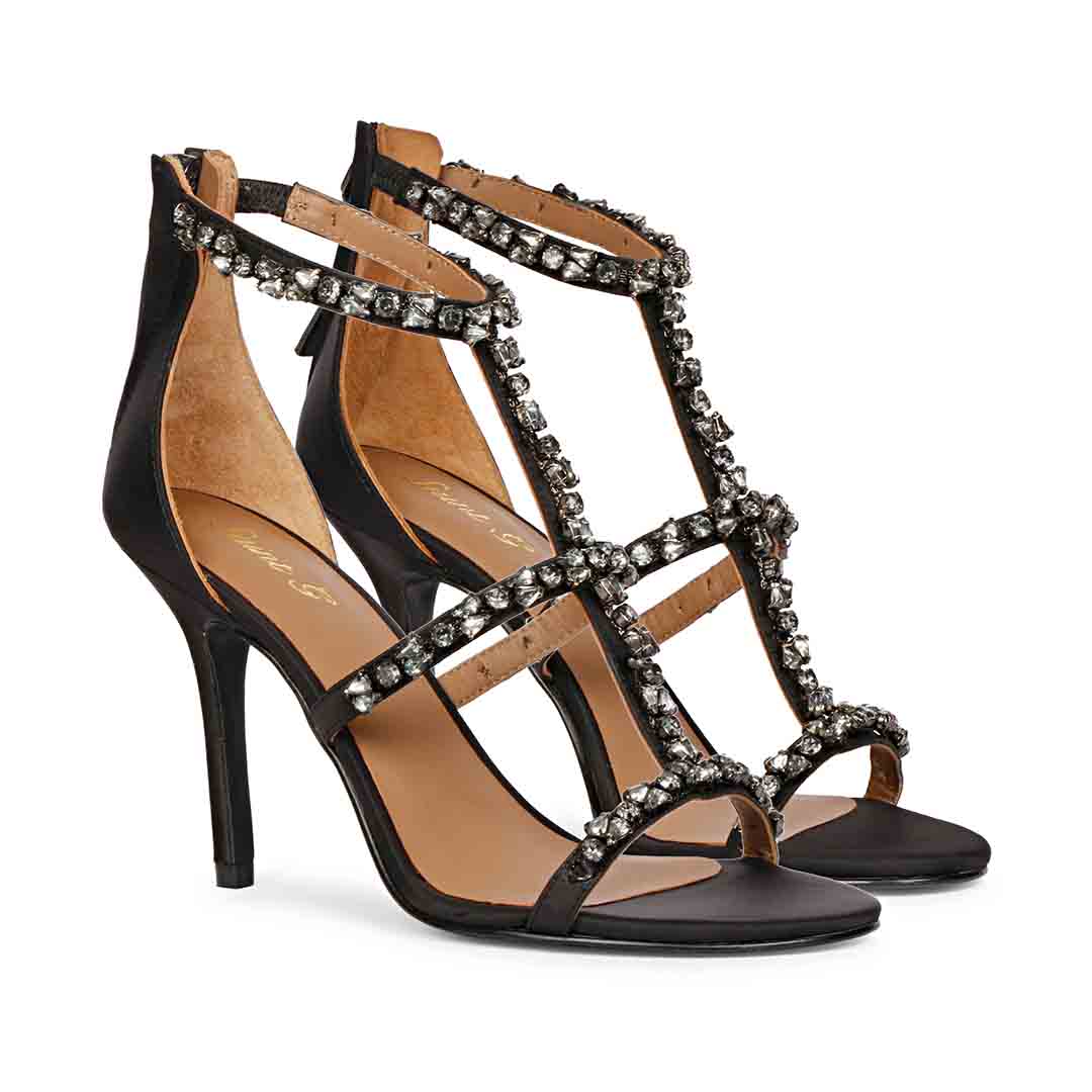 Saint Ella Stone Embellished Black Strappy Leather Stilettos