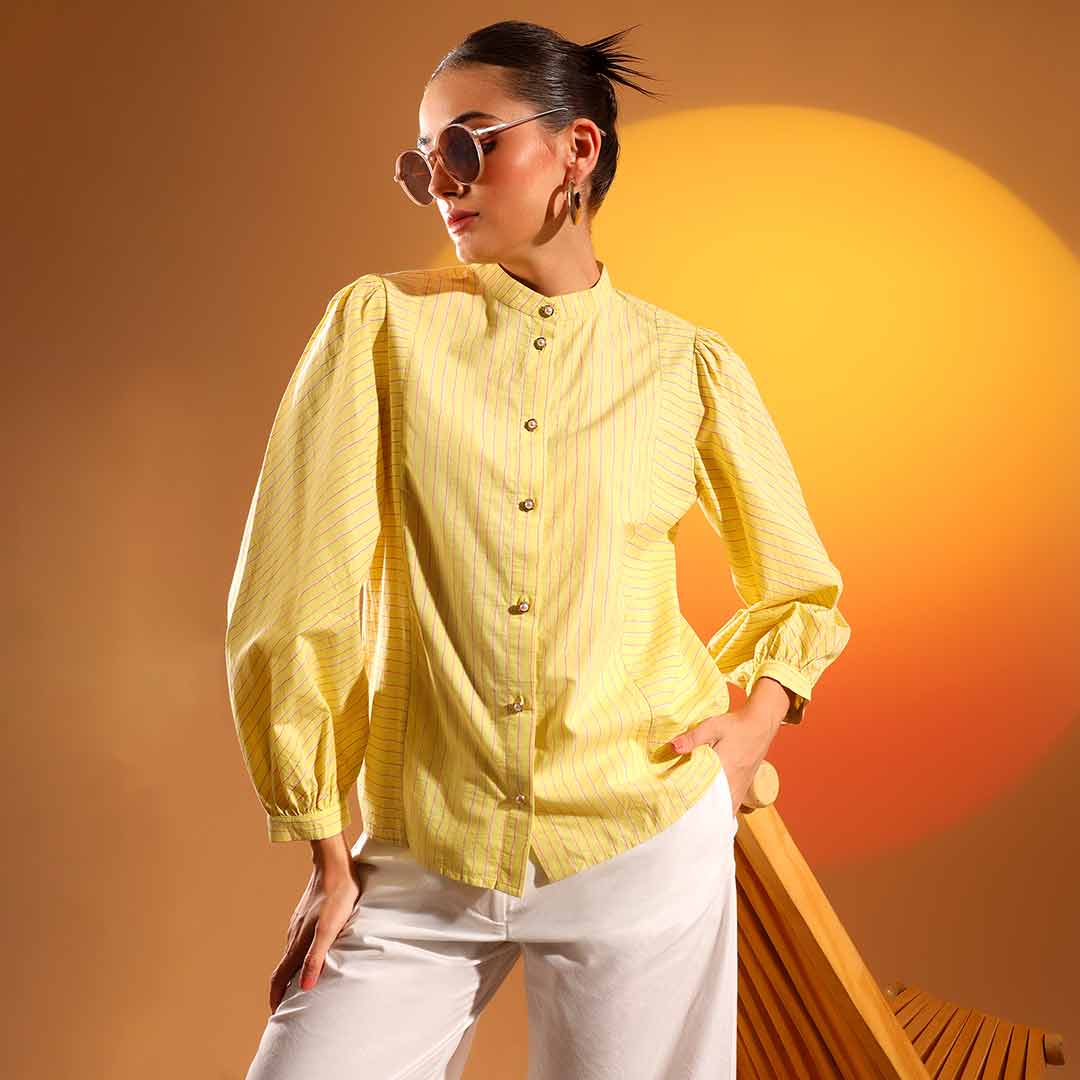 Saint Kaeloryn Womens Yellow Stripe Print On Cotton Poplin Shirt