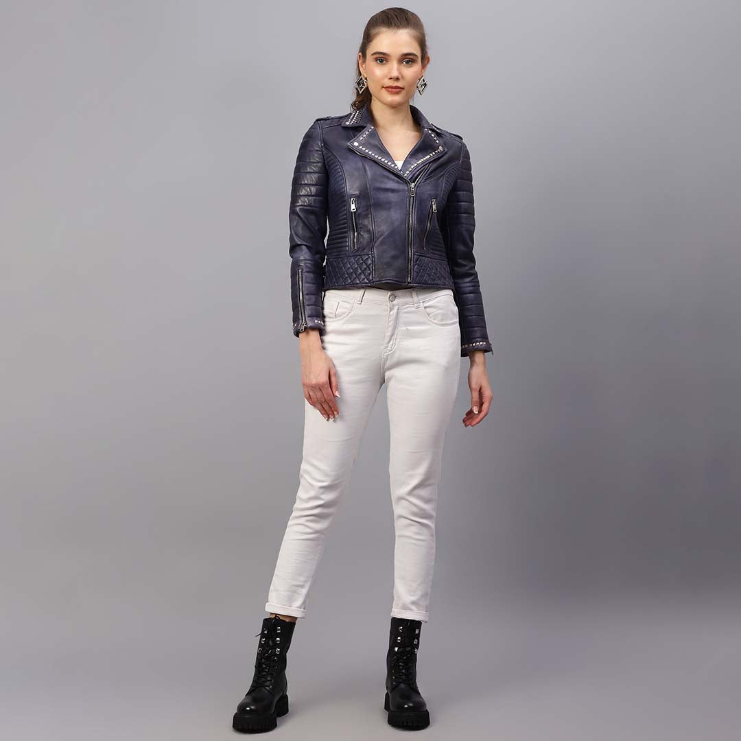 Saint Brielle Women Blue Leather Biker Style Jackets