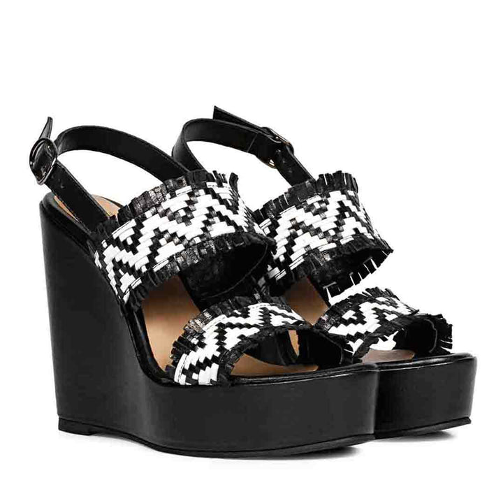 Saint Kimberly Hand Woven Black Leather Wedge Heels