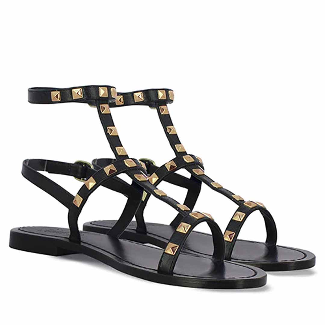 Saint Miriam Black Leather Flat Sandals