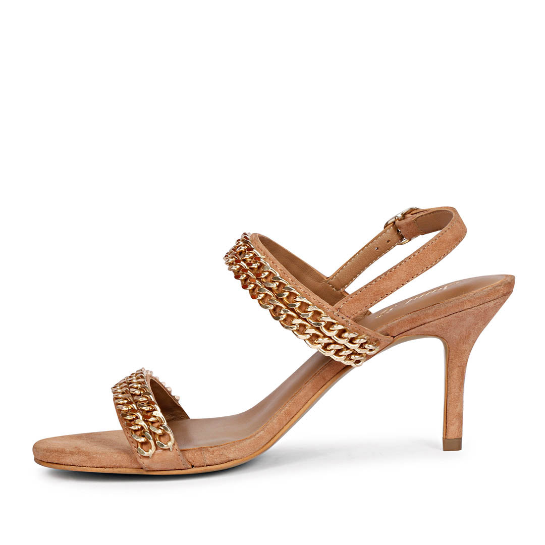 Saint Valeria Gold Chain sand Suede Leather Stilettos