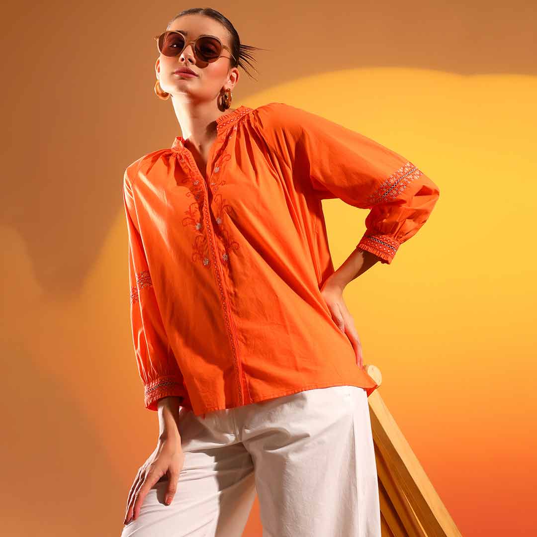 Saint Justine Womens Orange Solid Cotton Poplin Shirt