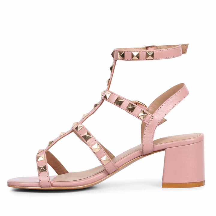 Saint Angela Pink Leather Metal Studded Block Heels