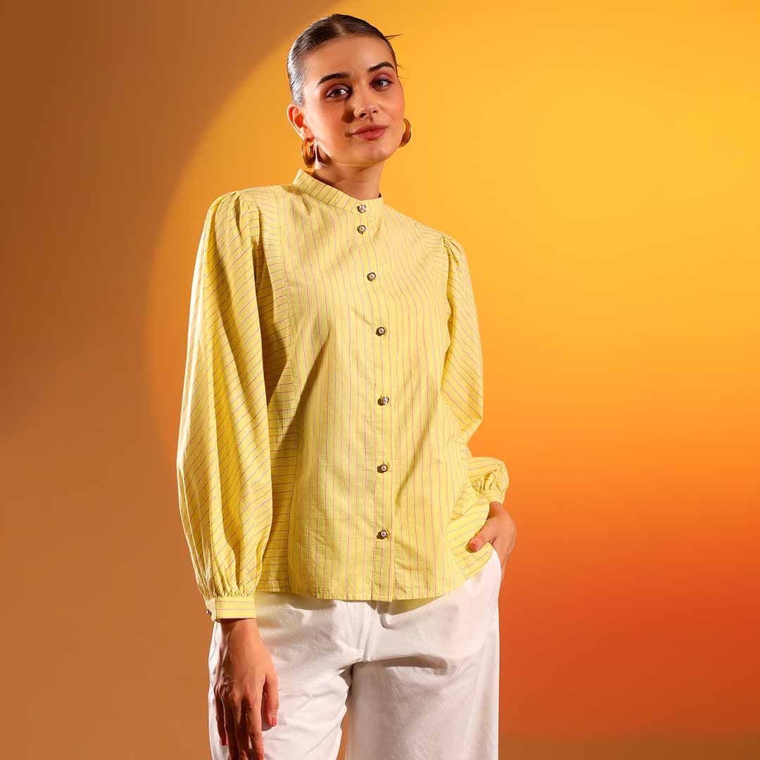 Saint Kaeloryn Womens Yellow Stripe Print On Cotton Poplin Shirt