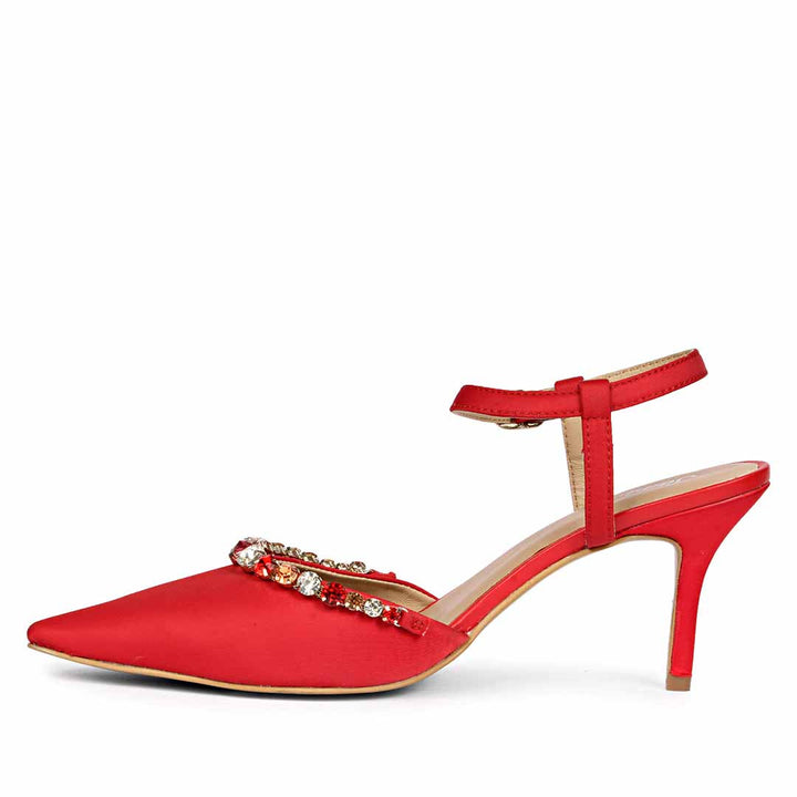 Saint Leila Multi Stone Embellished Red Nylon Fabric Pumps