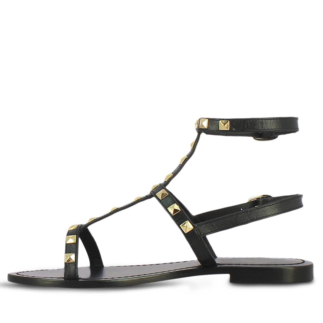 Saint Miriam Black Leather Flat Sandals