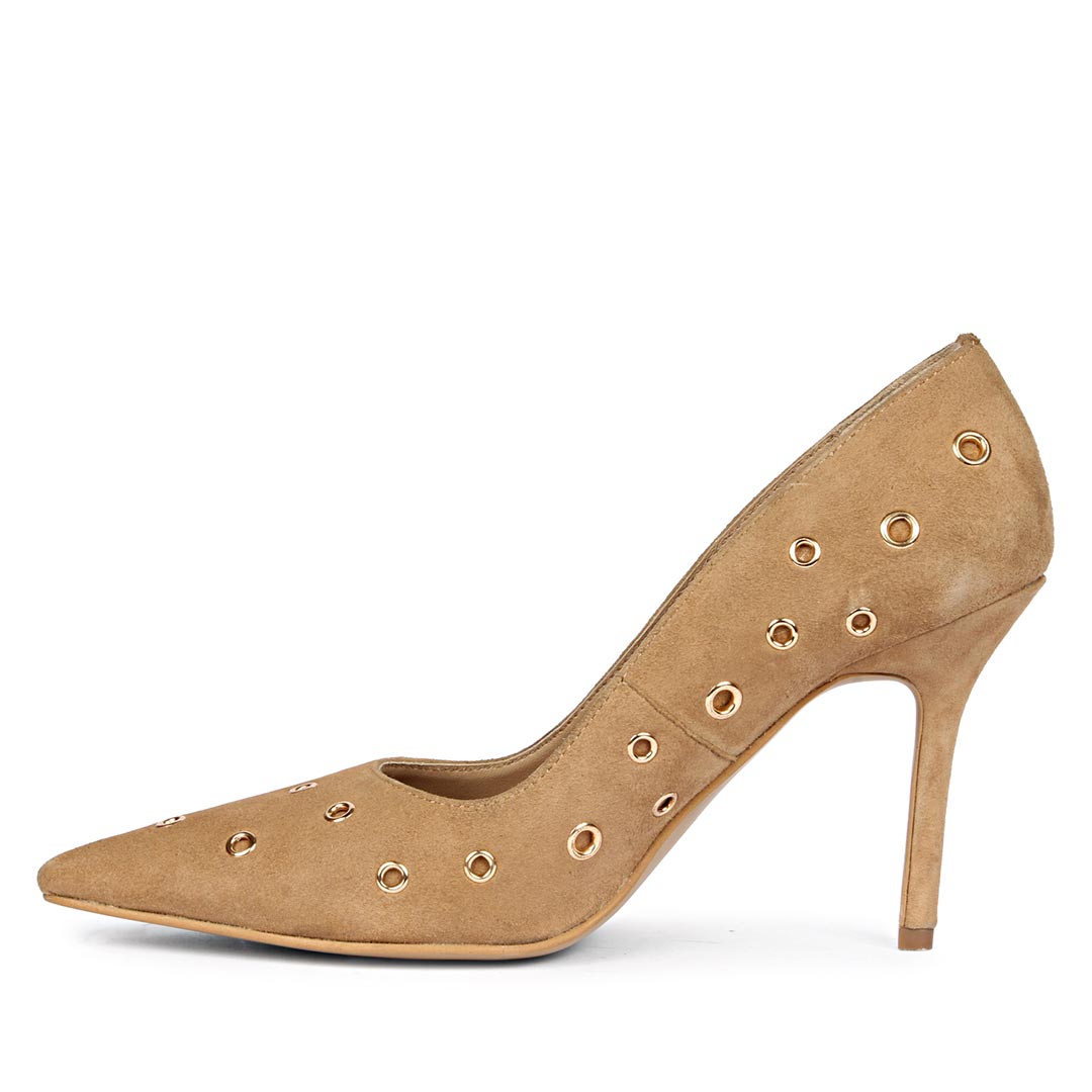 Saint Remi Eyelet Embellished Taupe Suede Leather Pumps