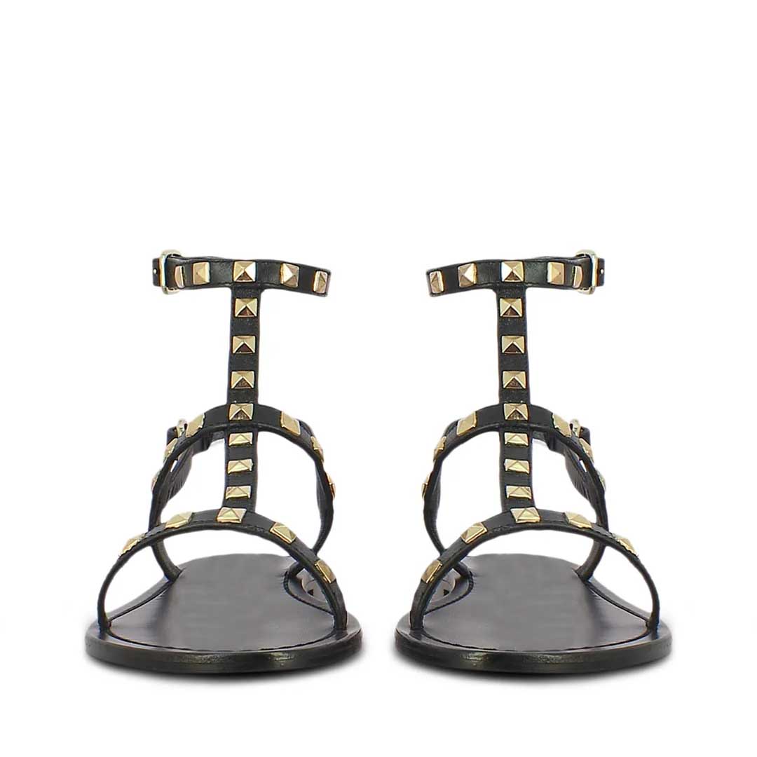 Saint Miriam Black Leather Flat Sandals