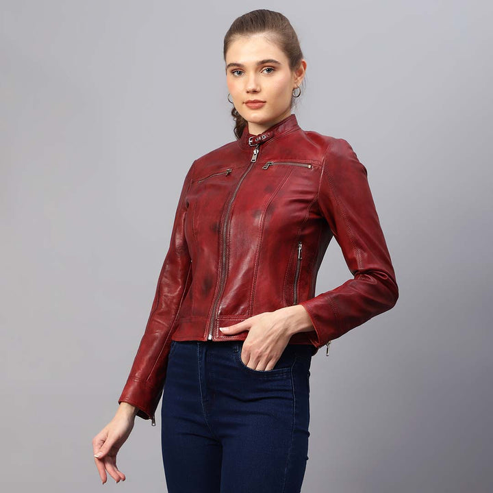 Saint Edwina Burgundy Leather Women Cafe Racer Jackets