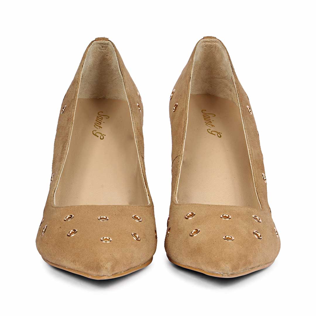 Saint Remi Eyelet Embellished Taupe Suede Leather Pumps