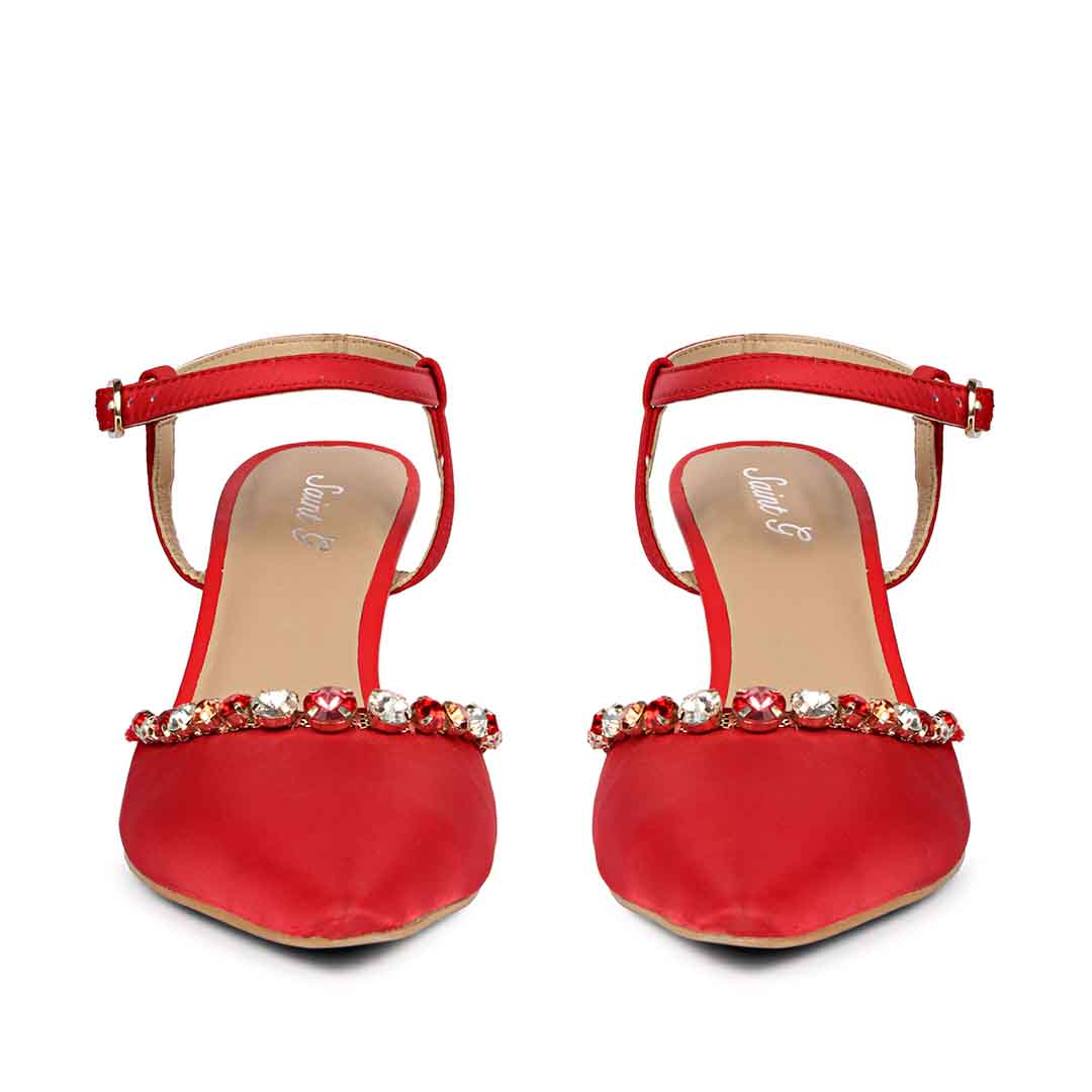 Saint Leila Multi Stone Embellished Red Nylon Fabric Pumps