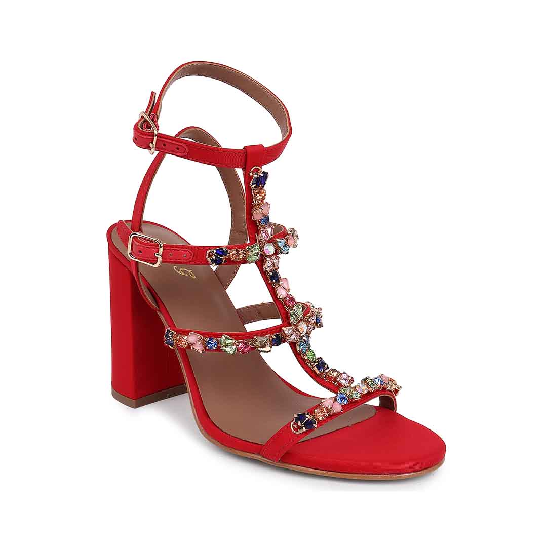 Saint Gretel Multi Stone Embellished Red Cage Block Heels