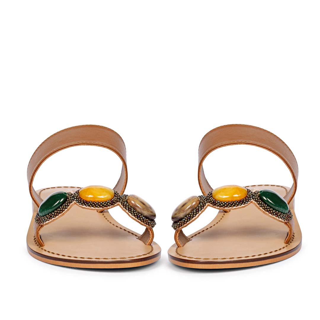 Saint Eva Multi Stone Adorned Tan Leather Flats