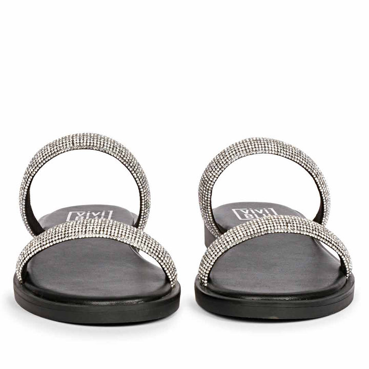 ViviBlu Zaeneb Black Leather Flat Sandals Embellished With Silver Straps