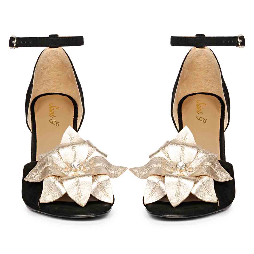 Saint Lilly Gold Flower Embellished Black Leather Block Heel