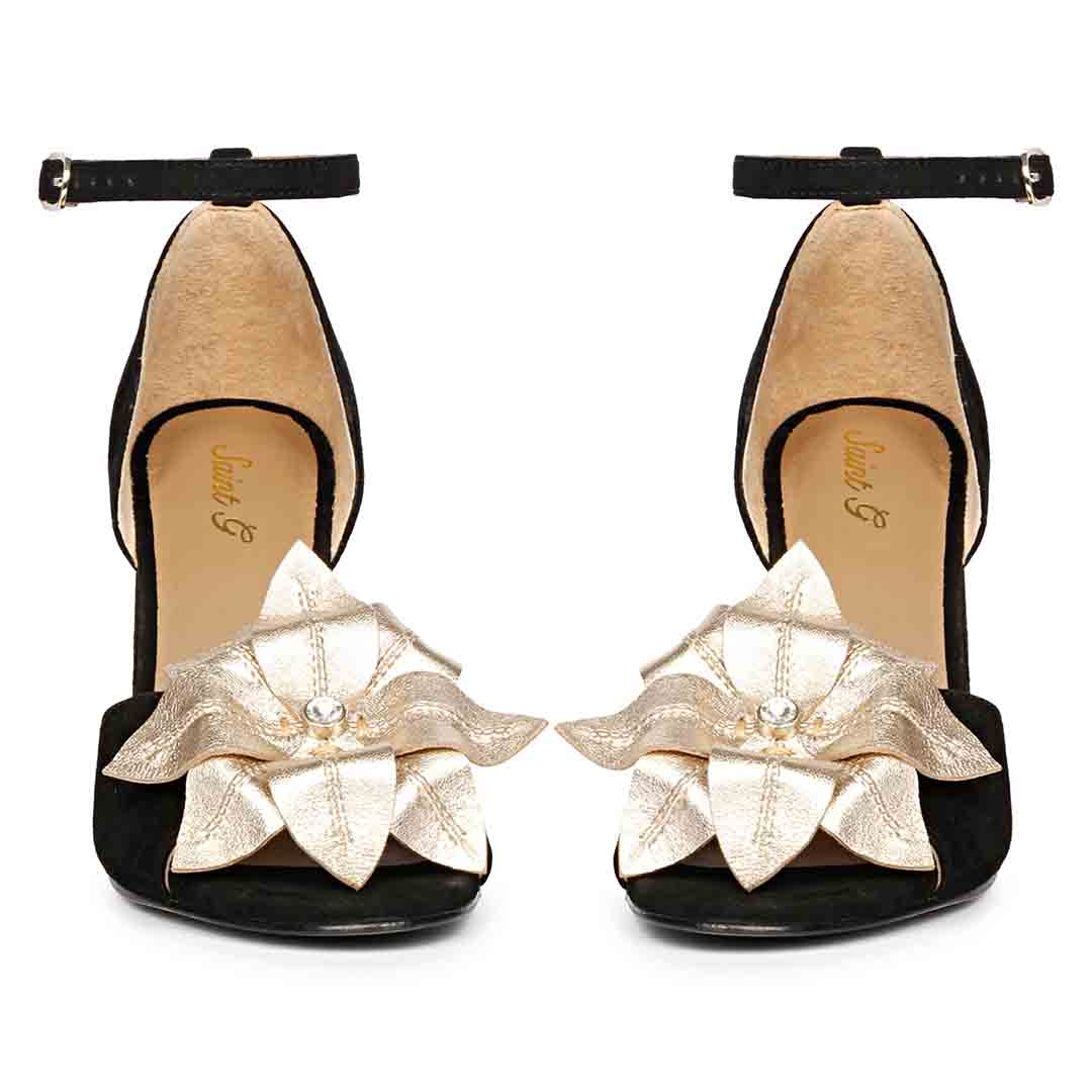 SaintG Saint Lilly Gold Flower Embellished Black Leather Block Heel 41 / Black SaintG Saint Lilly Gold Flower Embellished Black Leather Block Heel 41 / Black
