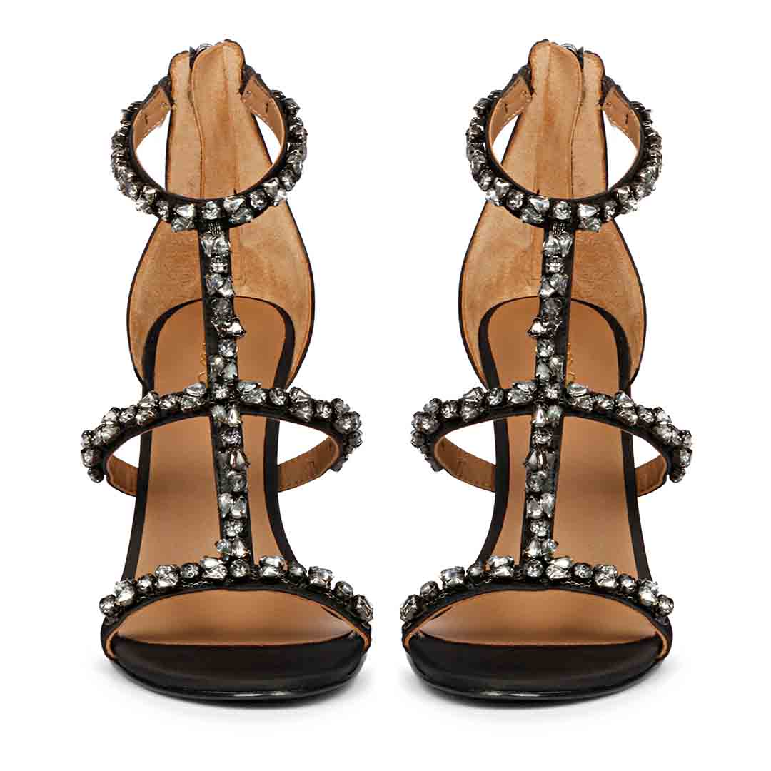 Saint Ella Stone Embellished Black Strappy Leather Stilettos