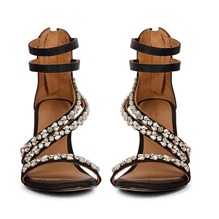 Saint Vittoria Silver Stone Strappy Black Leather Stilettos