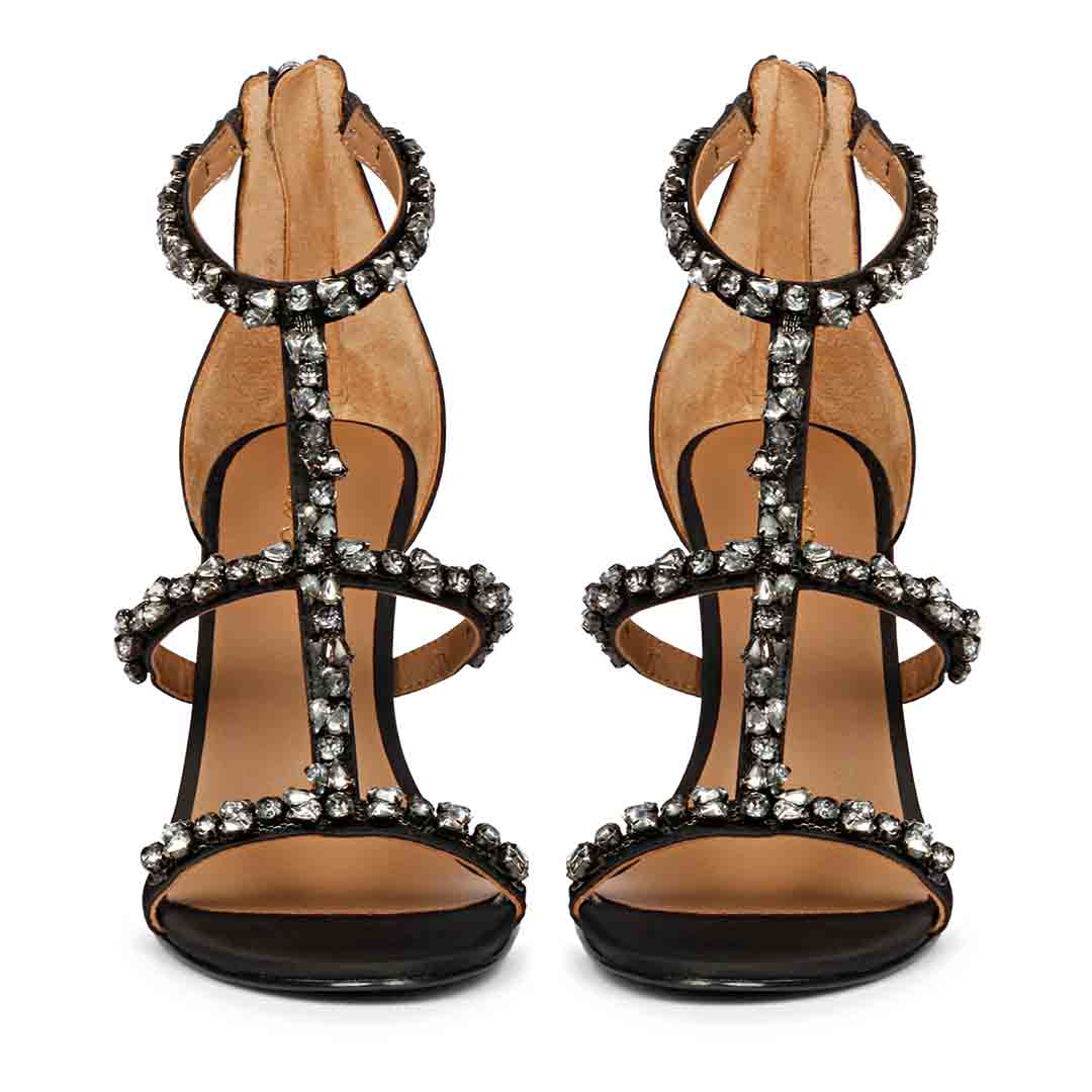 Saint Ella Smoke Stone Embellished Black Leather Heels
