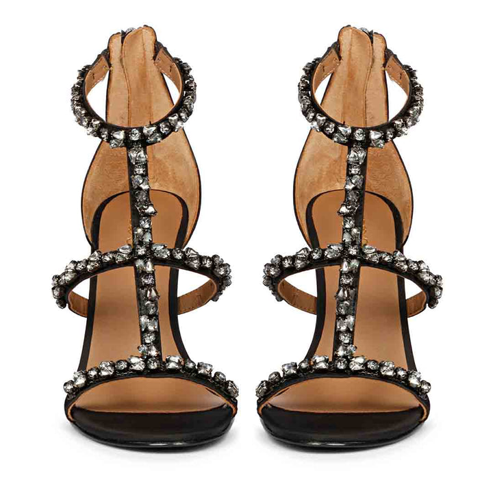 Saint Ella Smoke Stone Embellished Black Leather Heels