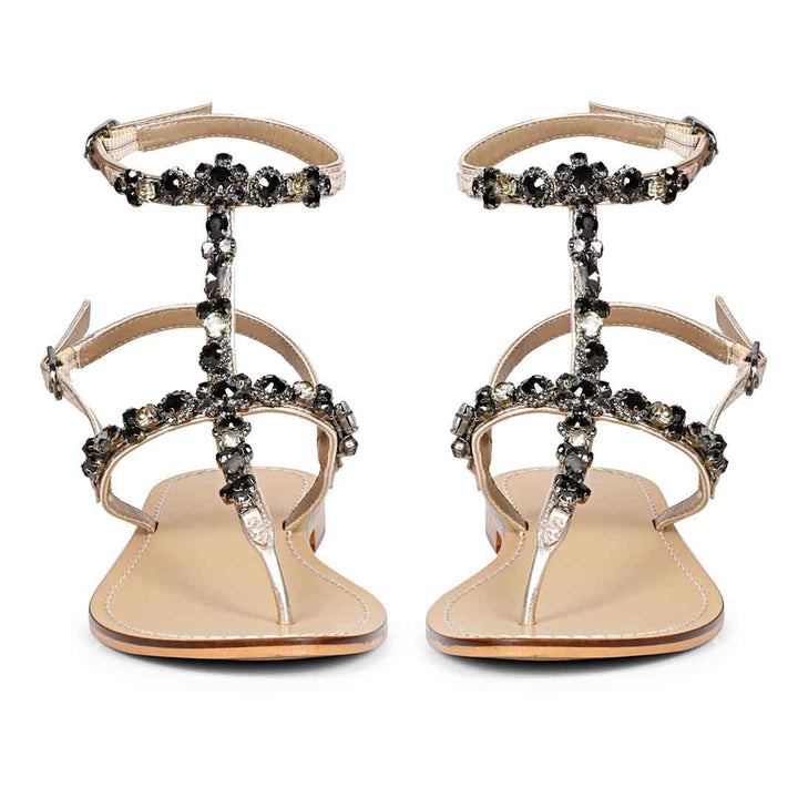 Saint Zuri Black Stone Embellished Platin Leather Flat Sandals