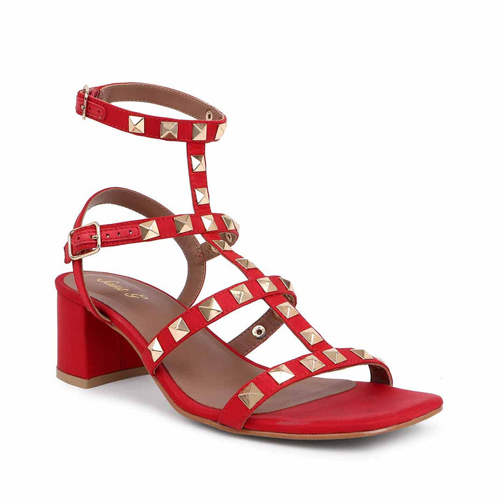 Saint Angela Gold Metal Studs Red Block Heels