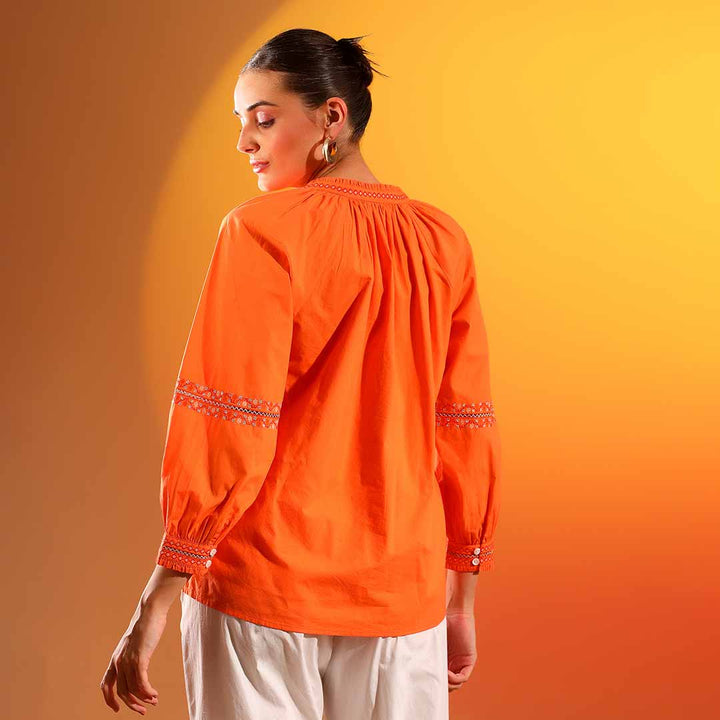 Saint Justine Womens Orange Solid Cotton Poplin Shirt