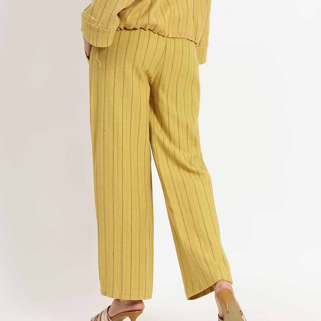 Saint Macy Womens Yellow Solid Cotton Yarn Dyed Slub Shirt Trouser Set