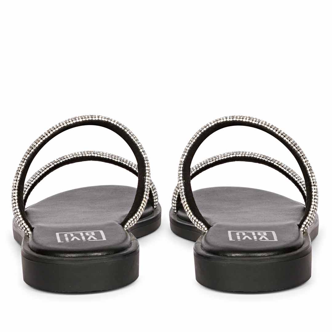 ViviBlu Zaeneb Black Leather Flat Sandals Embellished With Silver Straps