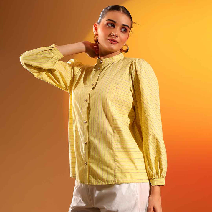 Saint Kaeloryn Womens Yellow Stripe Print On Cotton Poplin Shirt