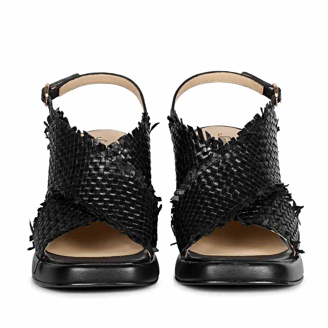 Saint Shelby Black Cross-Over Woven Leather Block Heels