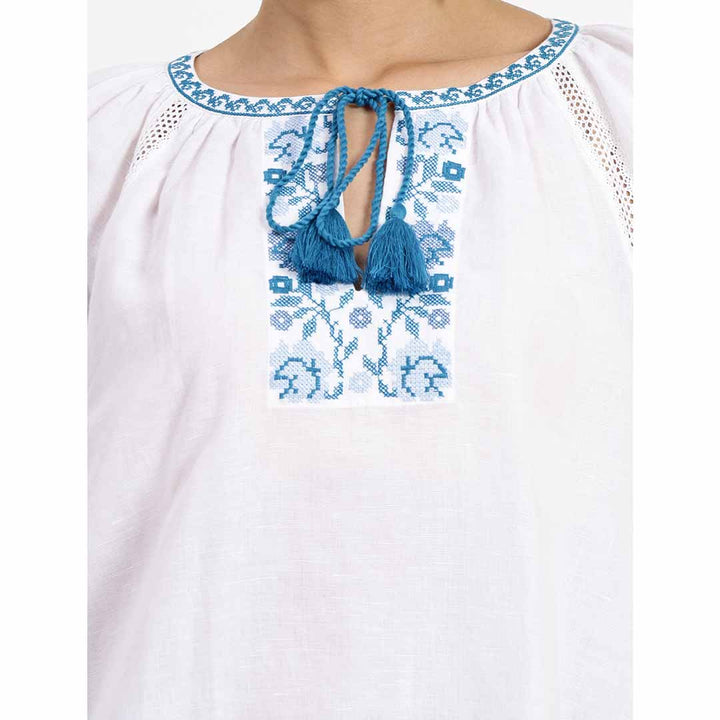 Saint Cynthia Womens White Printed Cotton Slub Top