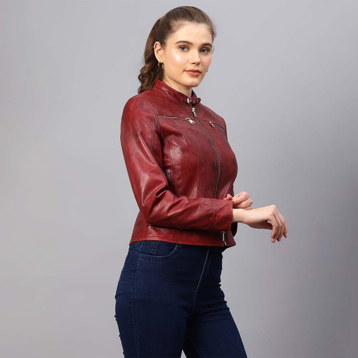 Saint Edwina Burgundy Leather Women Cafe Racer Jackets