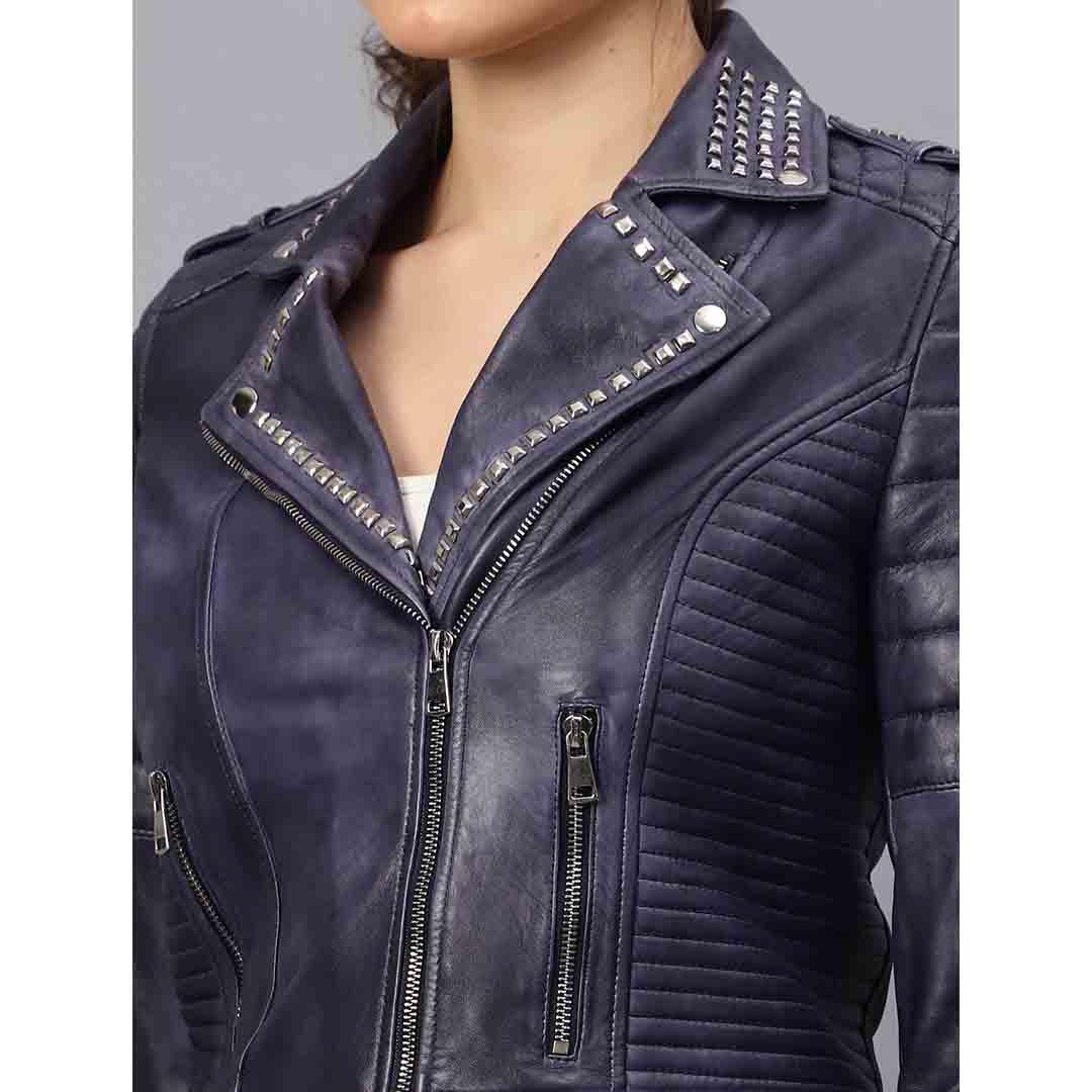 Saint Brielle Women Blue Leather Biker Style Jackets